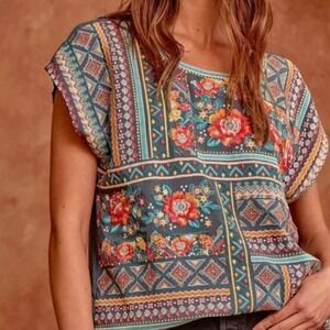 Savanna Jane Embroidered Floral‎ Patchwork Blouse Top, Bohemian Festival